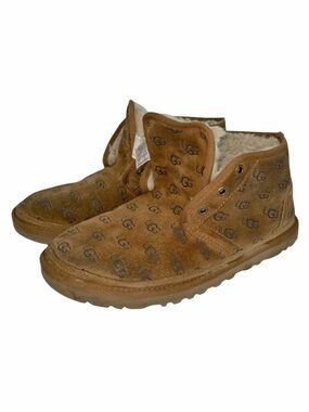 UGG Logo Print Mini Lace Up Boots Chestnut Suede Shearling Women's Size 9